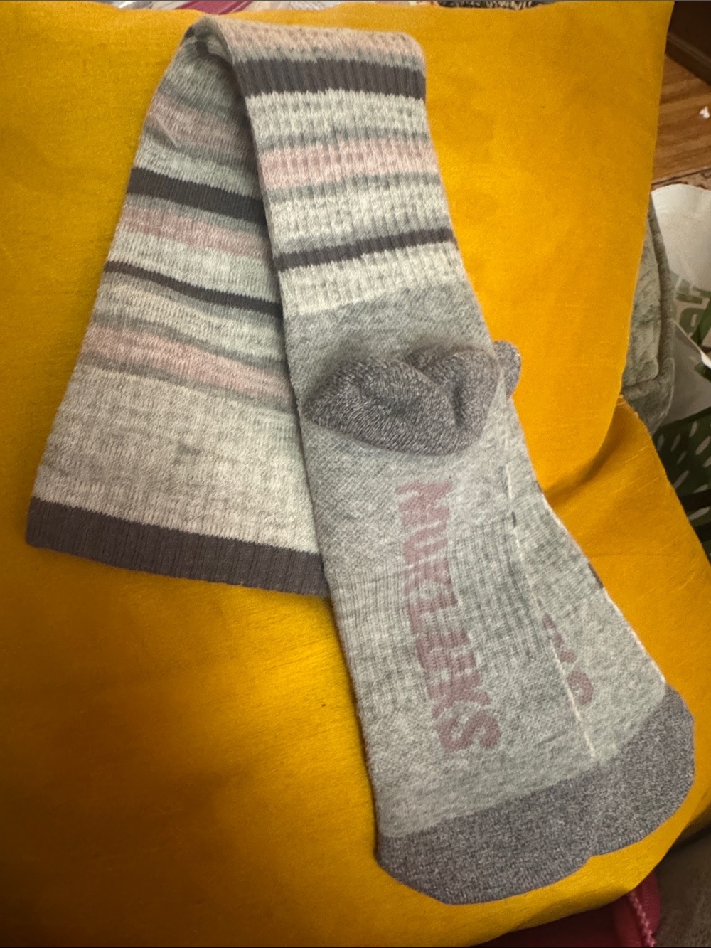 Muk Luks Gray and Pink Striped Cotton Compression Socks